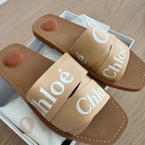 Chloe Tan and White Woody Sandals